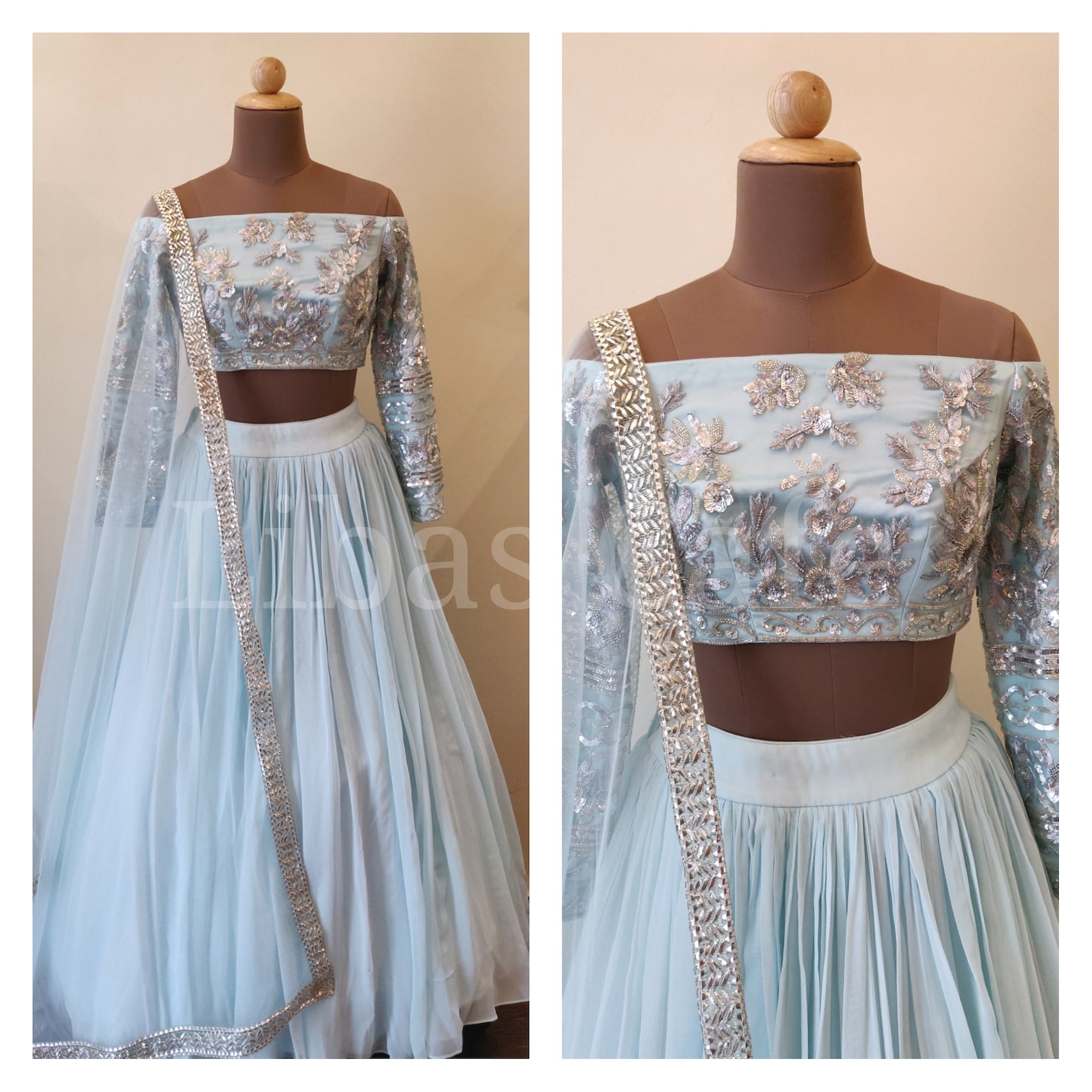Pastel Blue Off Shoulder Embroidered Lehenga